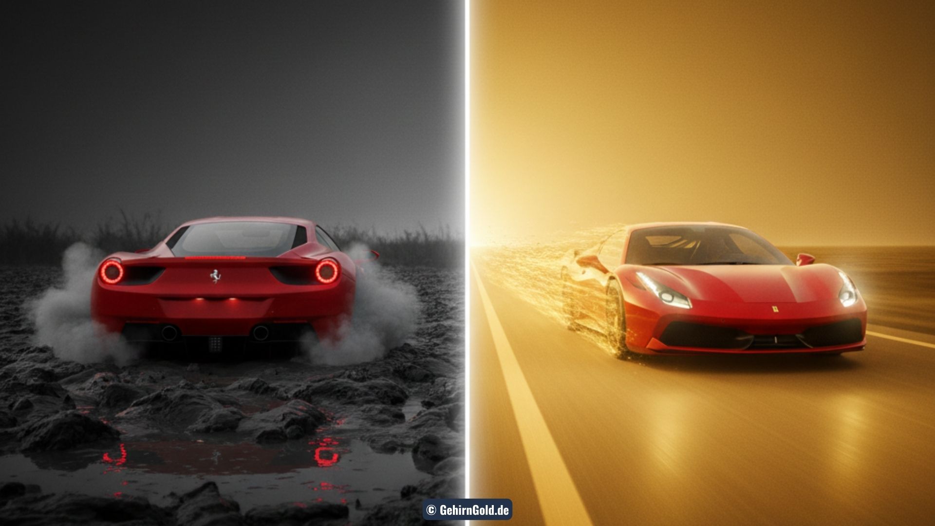 Transformation: Ein roter Ferrari steckt links im Sumpf fest (Problem), rechts löst er sich in goldene Lichtenergie auf (Lösung).