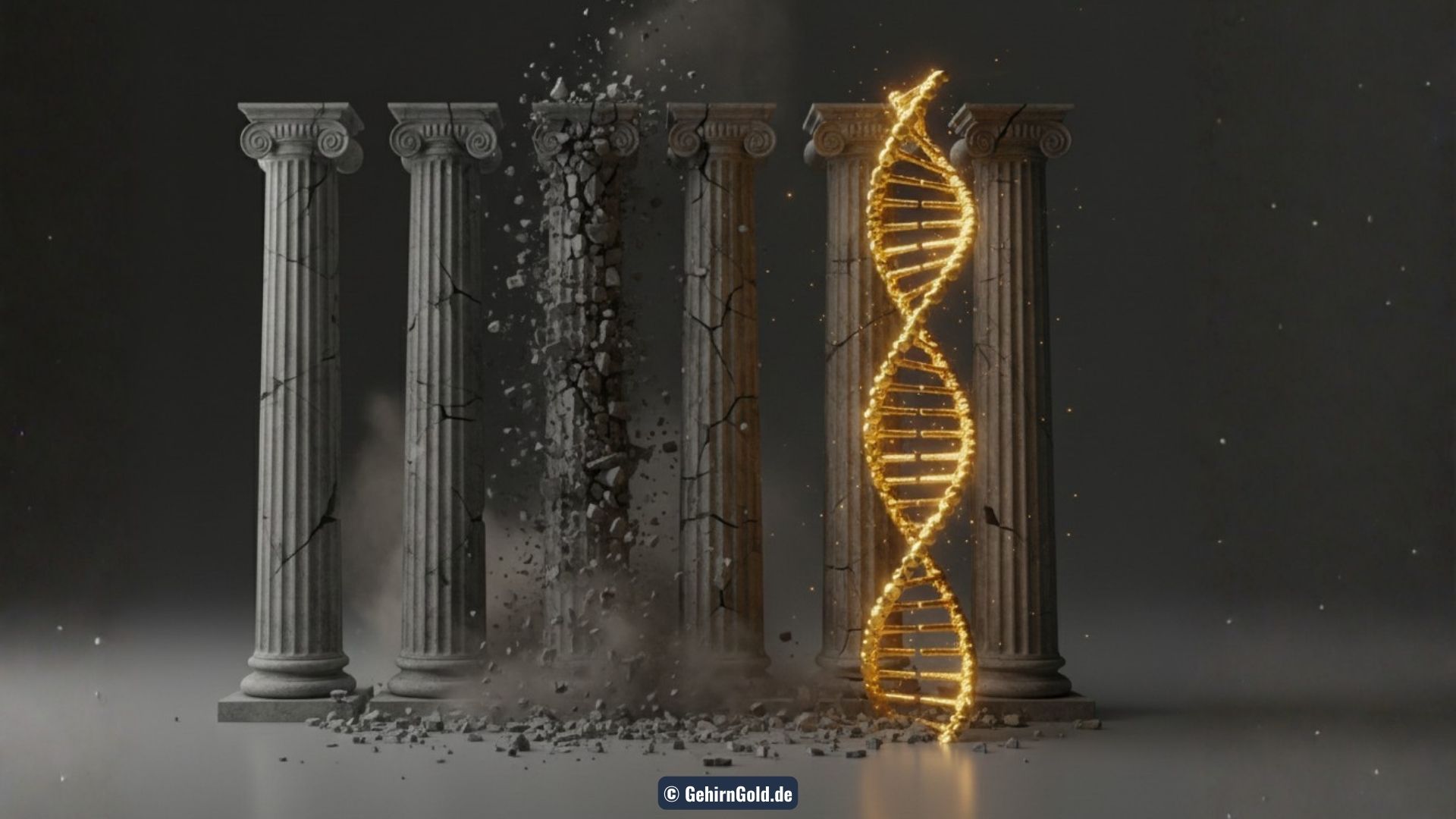 Transformation: Sieben graue Gipssäulen (Lügen) zerbersten, eine goldene DNA-Helix (Wahrheit) bleibt stehen.