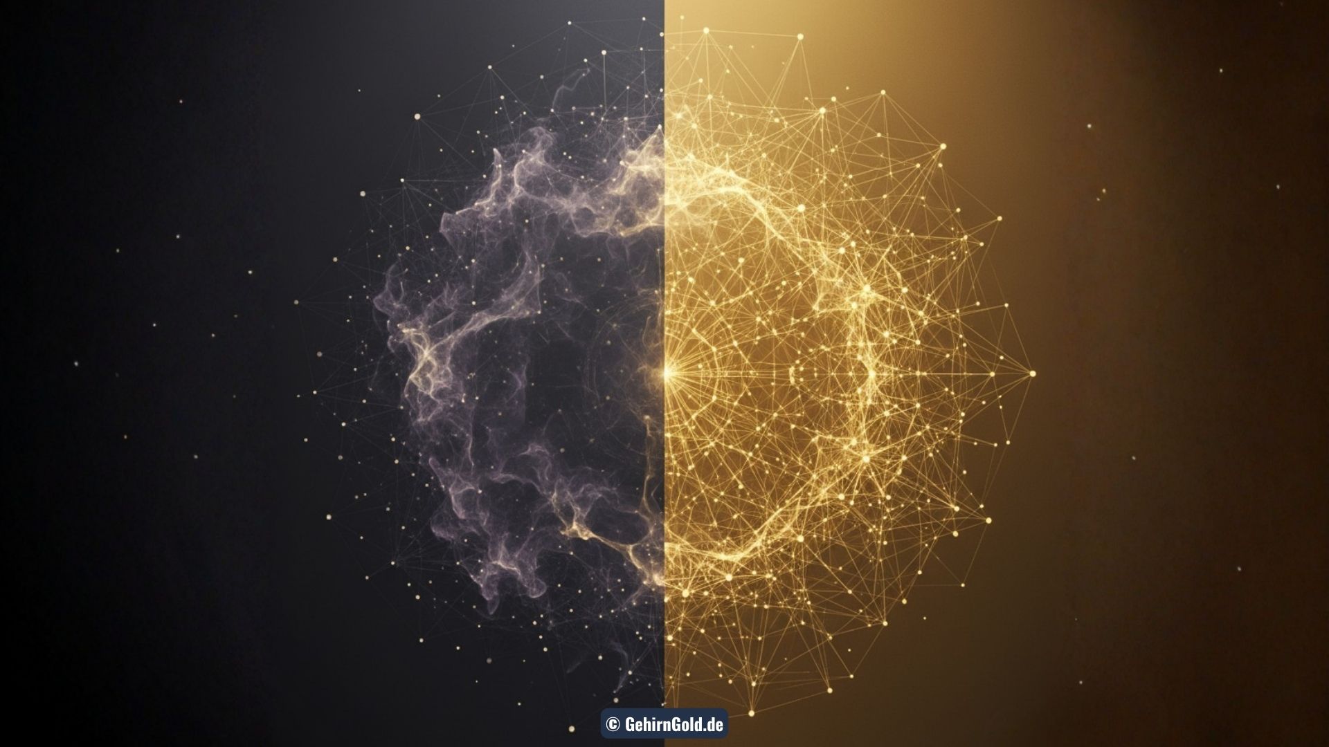 Eine visuelle Transformation von einem chaotischen Energiewirbel zu einer klaren, goldenen neuronalen Netzwerk-Grafik.