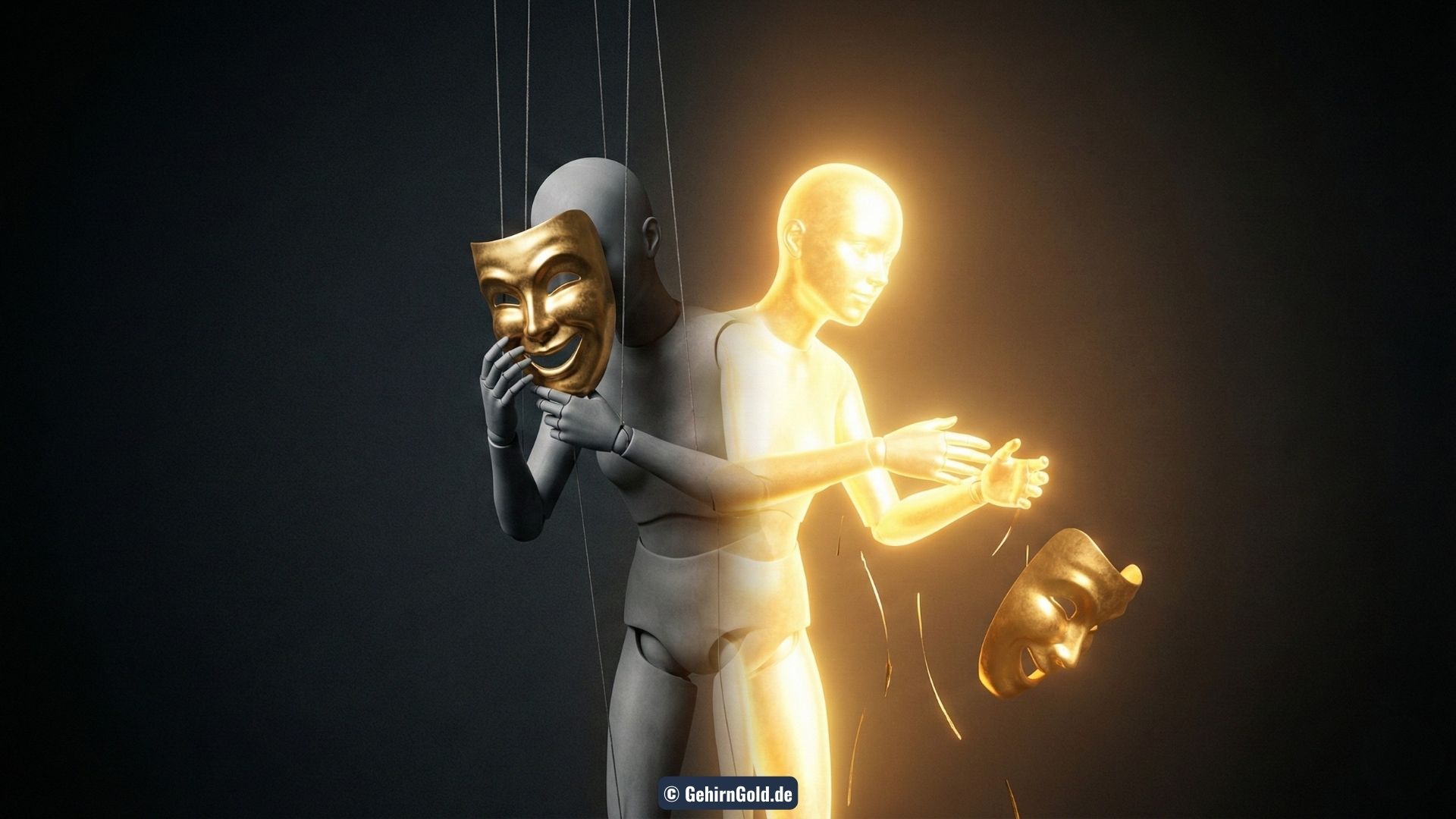 Transformation: Links eine Marionette mit Maske (Training/Fassade), rechts ein strahlendes Lichtwesen ohne Fäden (Entbremsung/Freiheit).