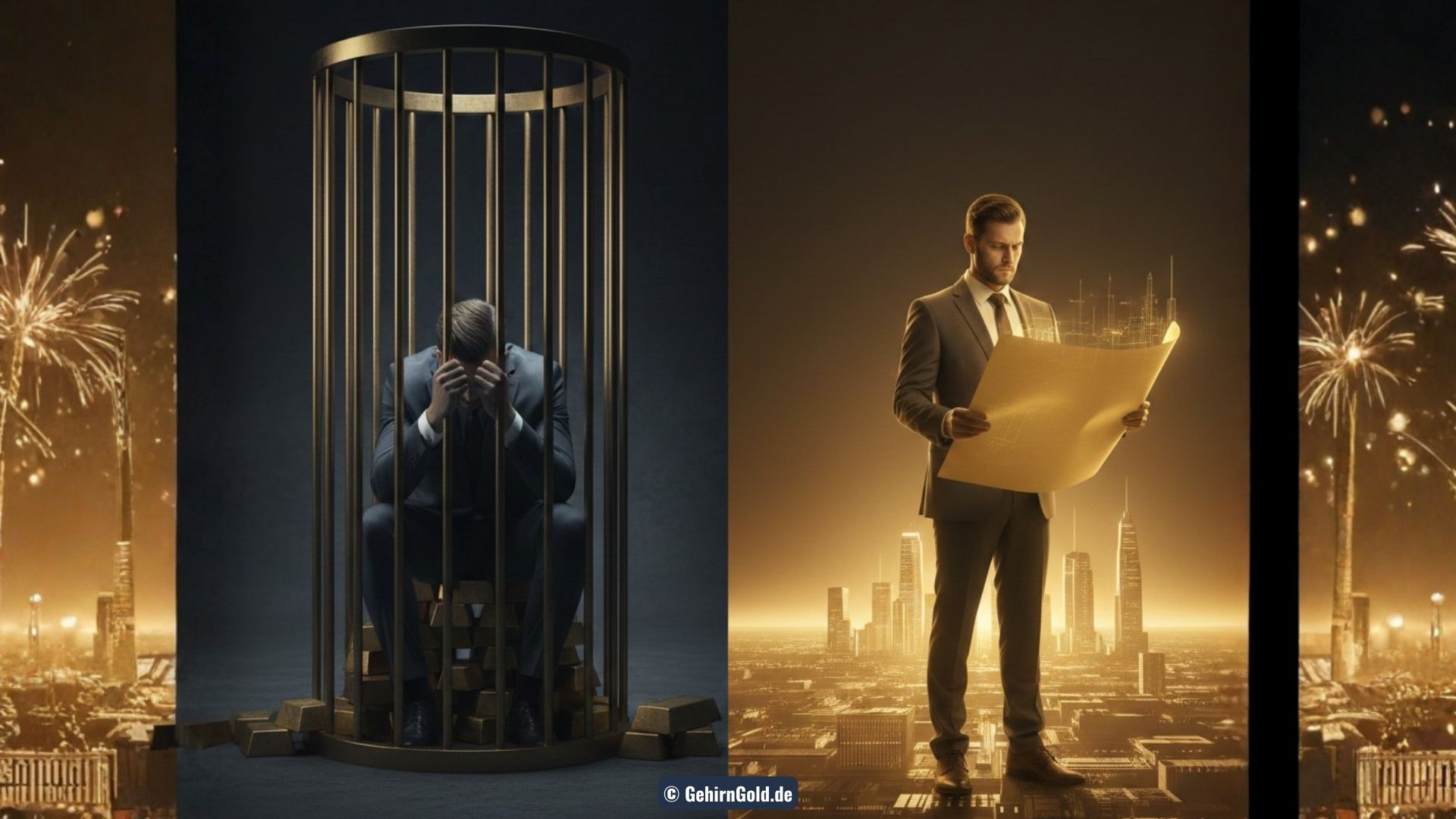 Transformation: Links ein Unternehmer im goldenen Käfig (Gefangen im Erfolg). Rechts derselbe Mann als Architekt vor offenem Horizont (Souveränität).