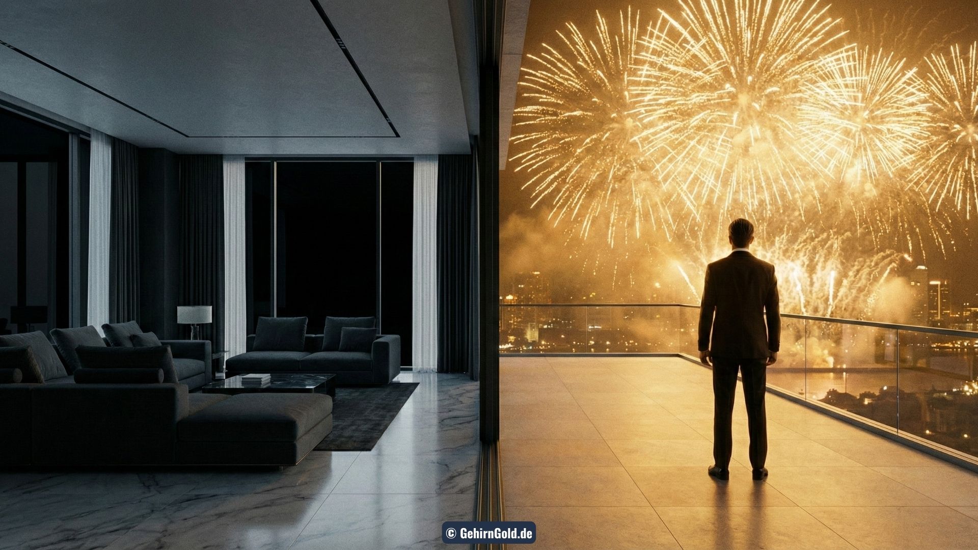 High Potential Single an Silvester, der im Kontrast zwischen beruflichem Erfolg und privater Einsamkeit steht