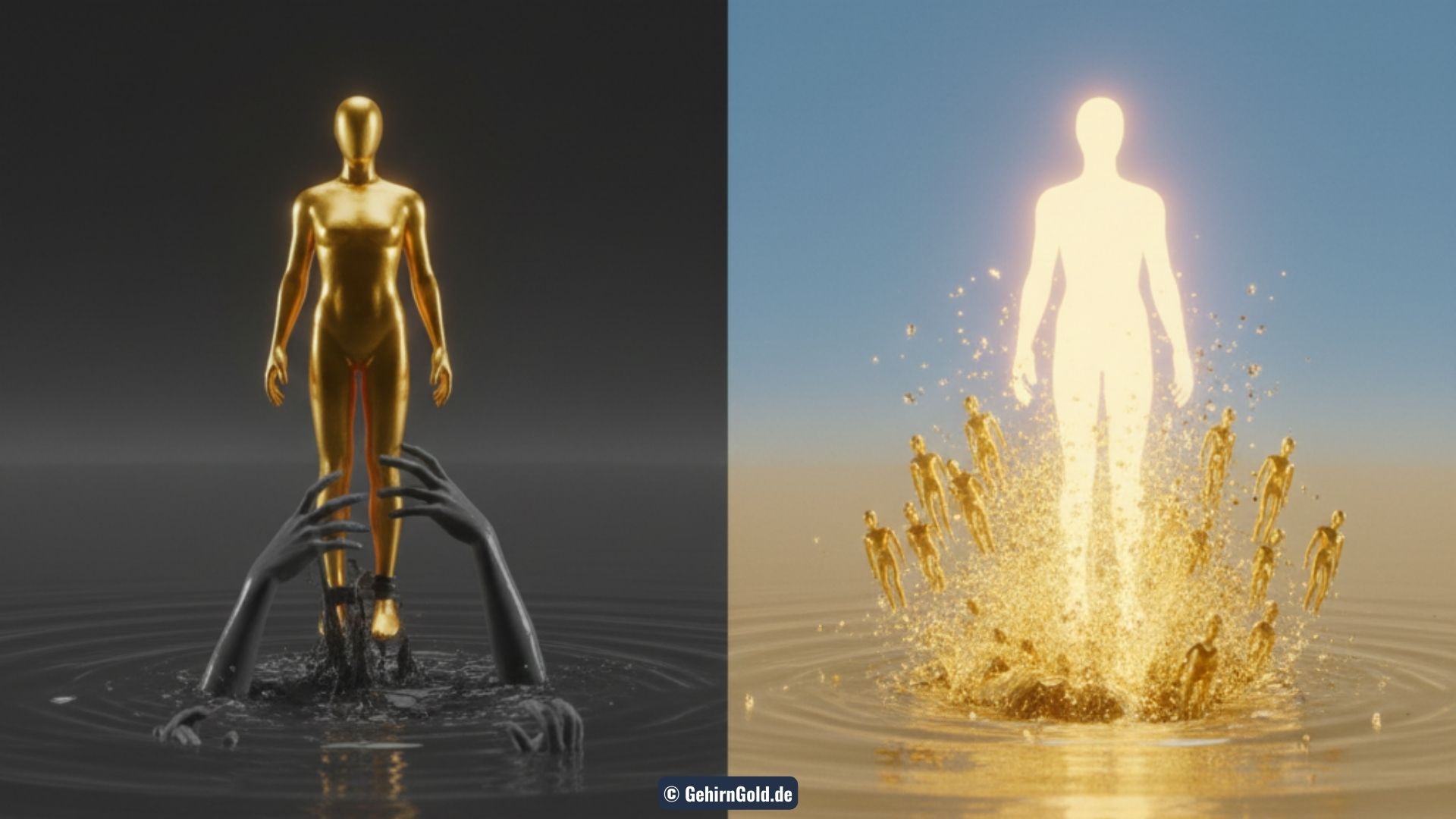 Transformation: Eine goldene Statue versinkt links in einem Sumpf (Slum-Prinzip), rechts steigt sie als Lichtkörper auf (Adler-Umfeld).