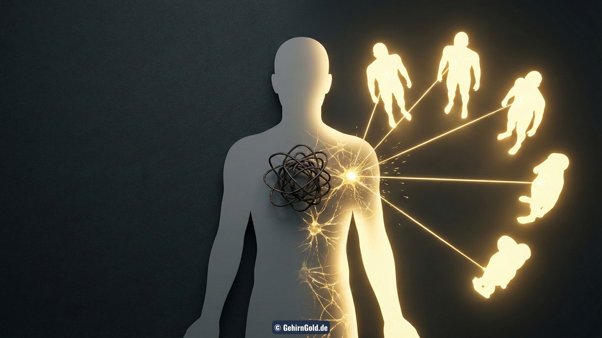 Transformation: Links ein isolierter Blockade-Knoten. Rechts die Auflösung durch die gebündelte Resonanz-Energie der Gruppe (SNR-Chirurgie).