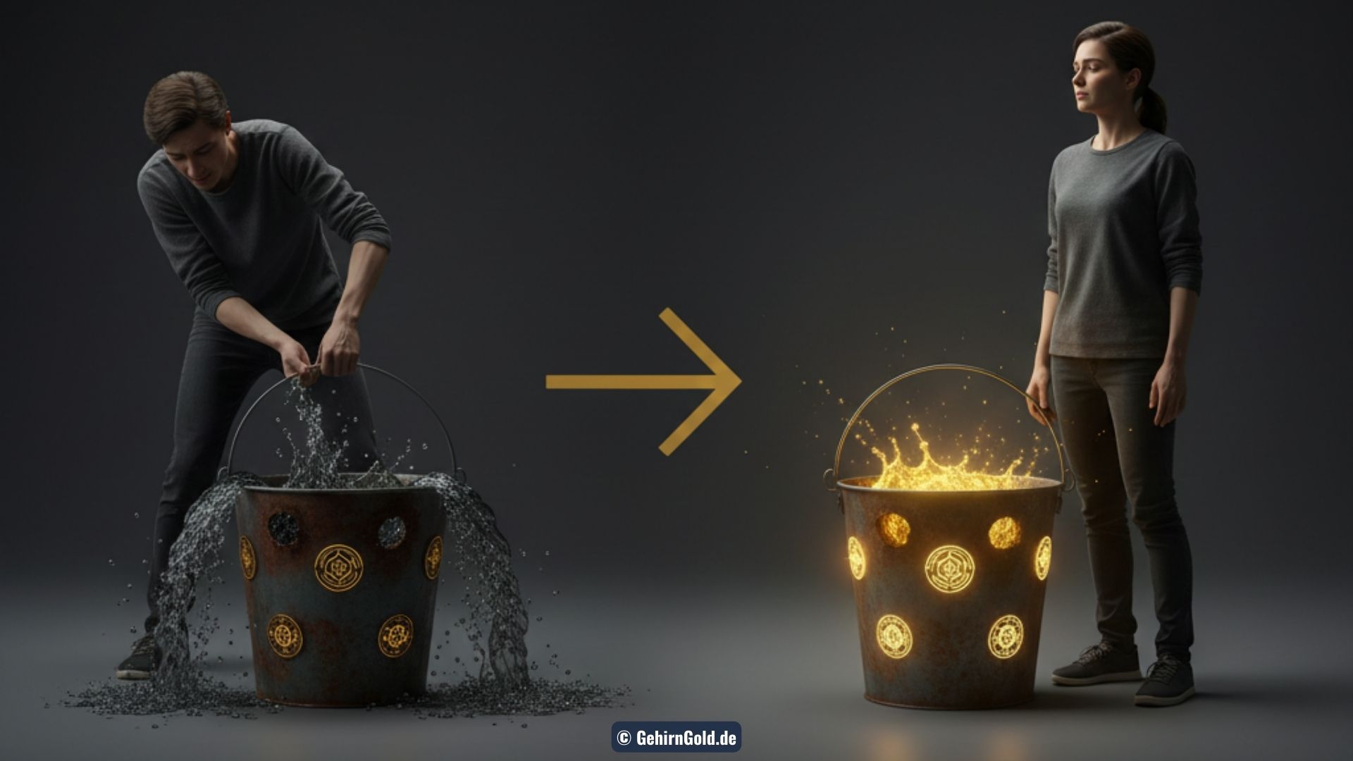 Ein goldener, voller Eimer, dessen Löcher mit leuchtenden Siegeln verschlossen sind. Symbol für geschützte Energie.