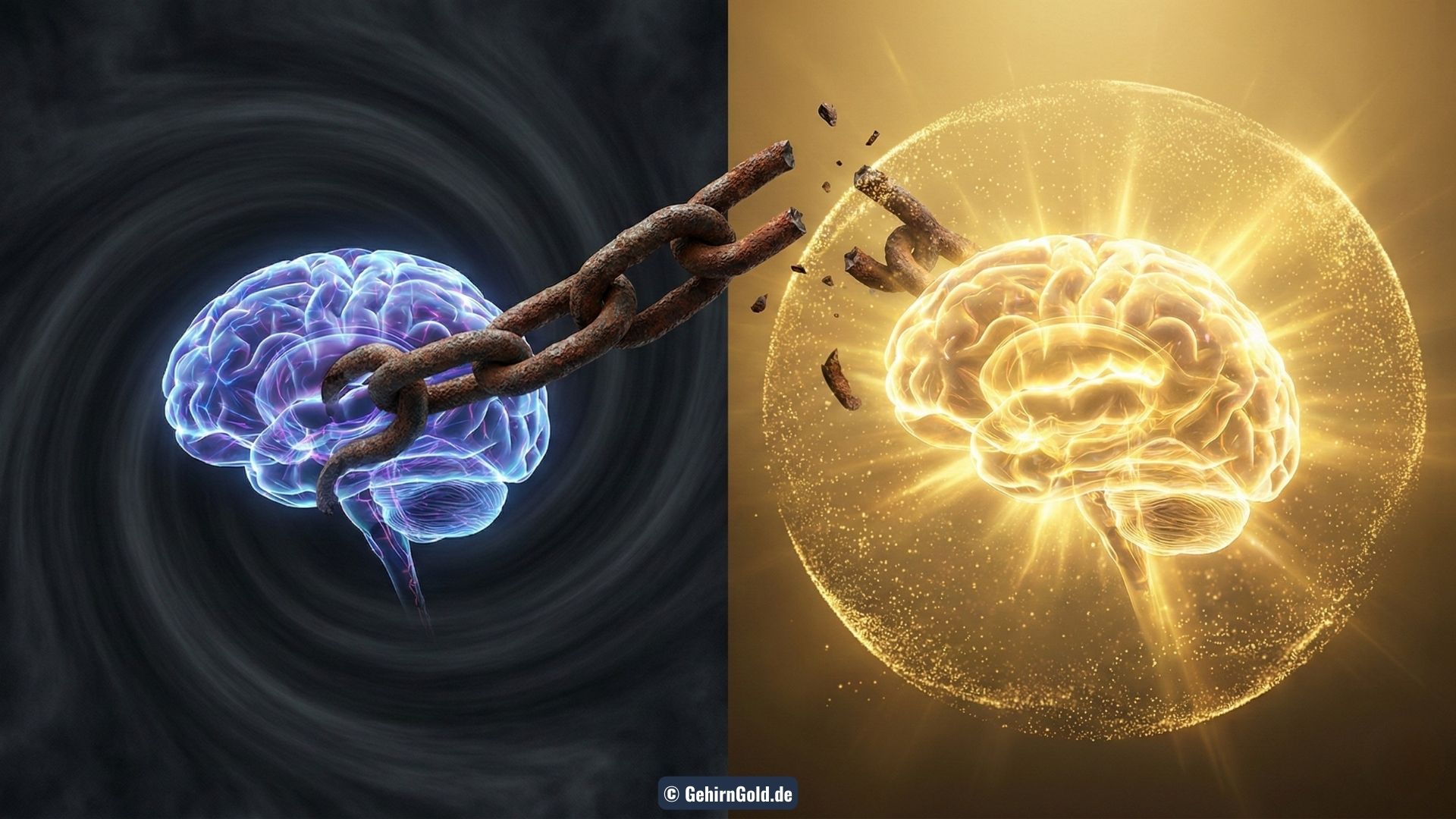 Transformation: Ein Gehirn, das von einem rostigen Anker in die Tiefe gezogen wird, befreit sich und strahlt goldenes Licht aus.