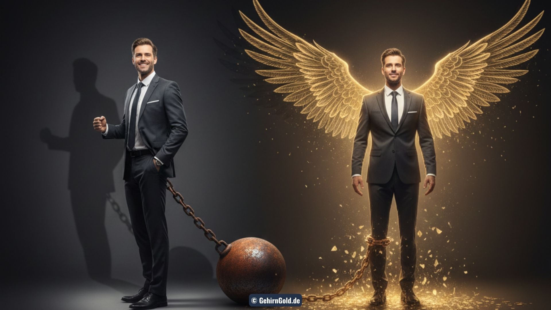 Transformation: Ein erfolgreicher Mensch wirft einen Schatten, der angekettet ist. Rechts ist die Kette gesprengt und der Schatten hat Flügel.