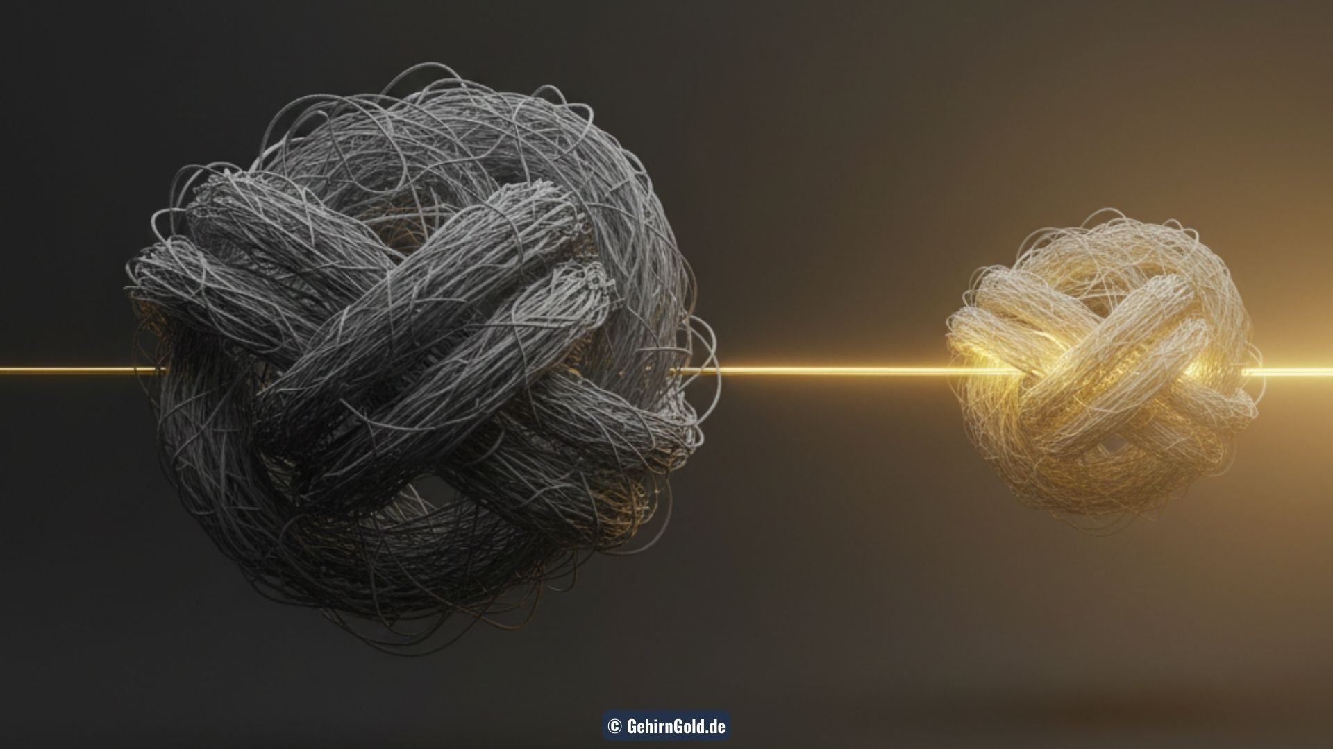 Transformation: Ein chaotischer Knoten aus grauen Fäden wandelt sich in einen einzigen, klaren, goldenen Richtungsfaden.