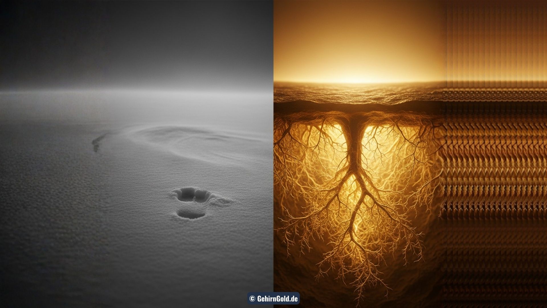 Transformation: Links ein verwehter Trampelpfad im Schnee (Willenskraft), rechts ein unzerstörbares, goldenes Myzel-Netzwerk (Tiefenspur).