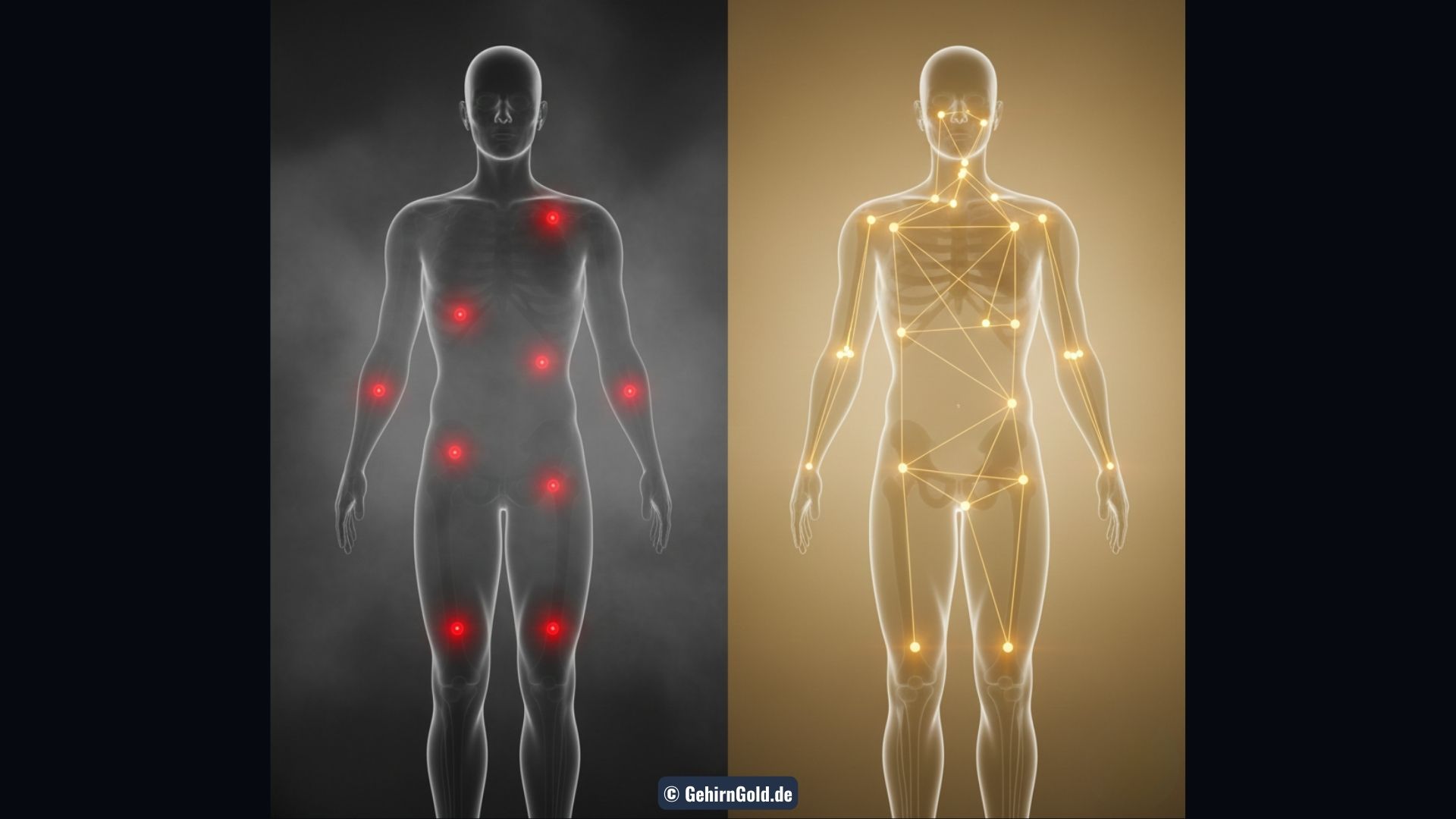 Transformation: Links eine menschliche Silhouette mit roten Warnlichtern im Nebel. Rechts klare, goldene Verbindungslinien.