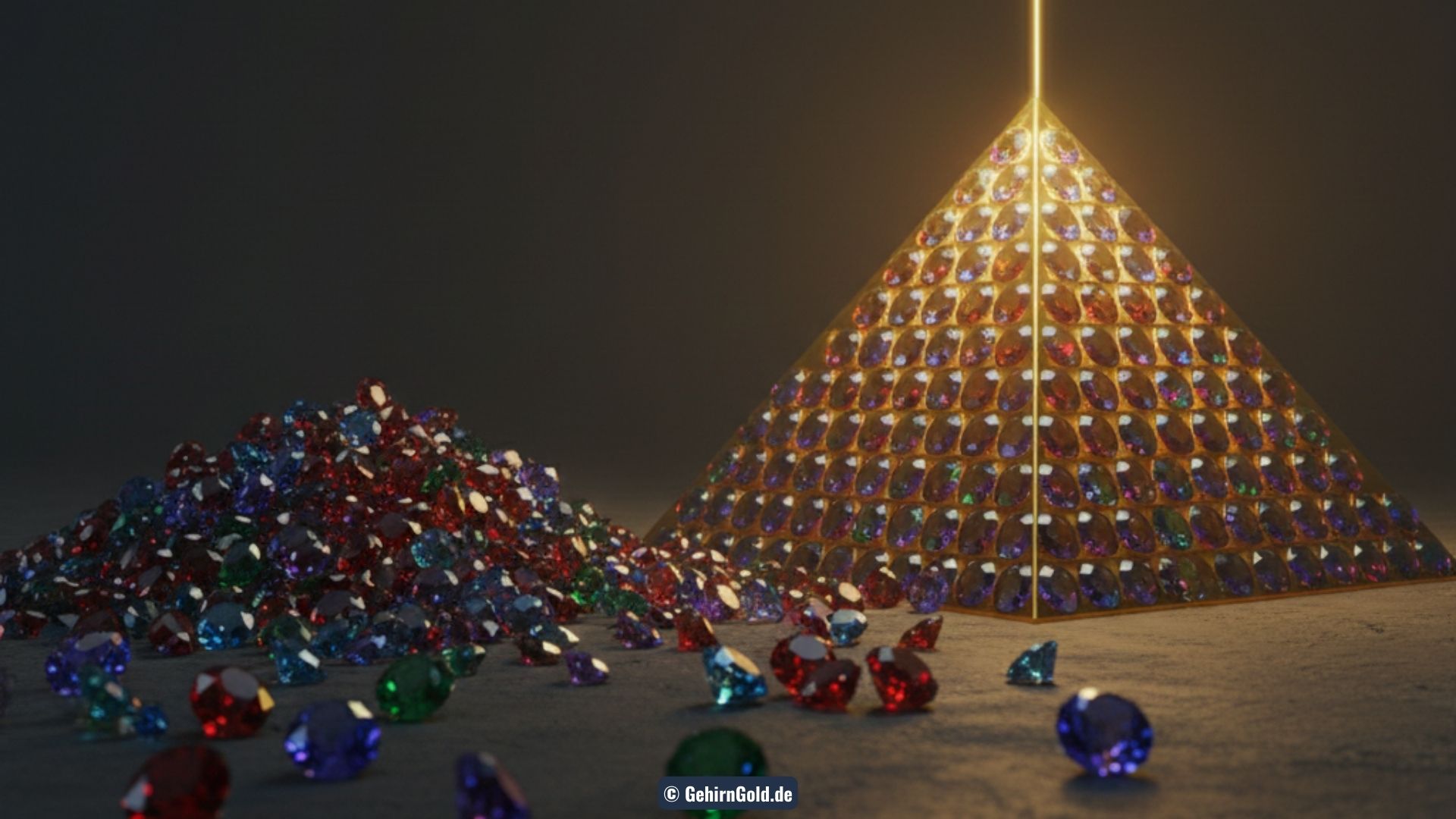 Transformation: Links ein chaotischer Haufen Edelsteine (Werte-Liste), rechts eine perfekt geordnete, goldene Pyramide mit Laserstrahl (Werte-Hierarchie).