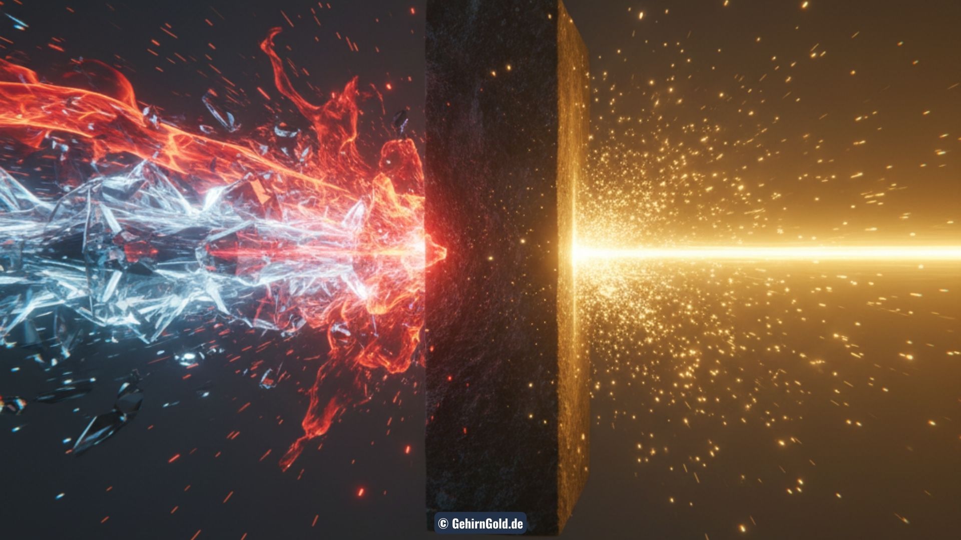 Transformation: Links zwei getrennte wilde Energieströme (Werte & Stärken), rechts die Verschmelzung zu einem goldenen Laserstrahl.