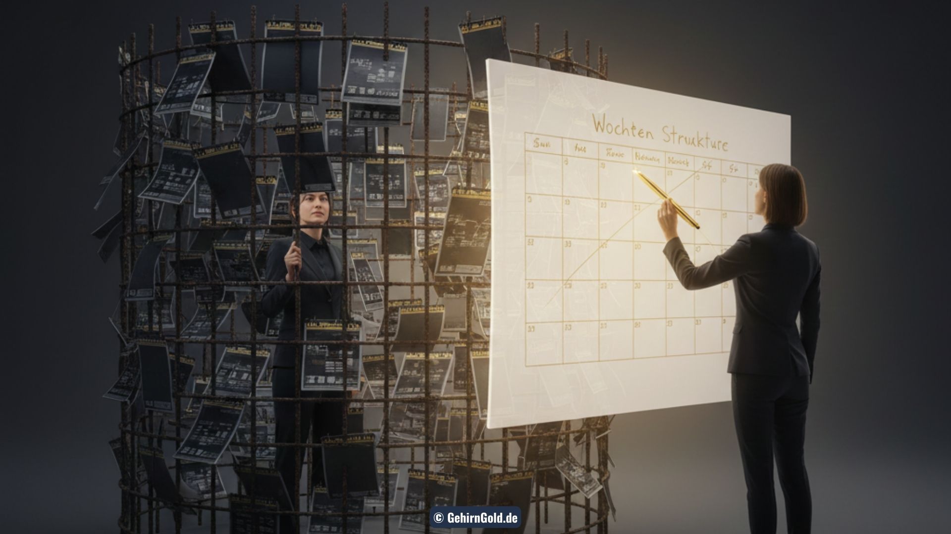 Eine Transformation von einer Person, die in einem Kalender-Gefängnis gefangen ist, zu einem Architekten, der seine eigene Woche auf einer freien Leinwand entwirft.