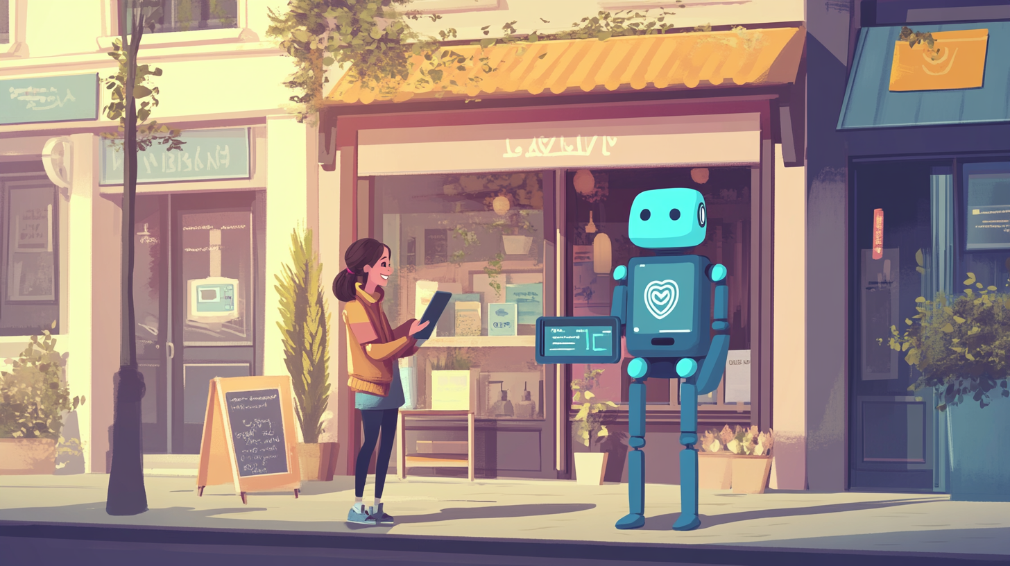 A woman interacts with a friendly robot on a sidewalk outside a café, surrounded by storefronts.