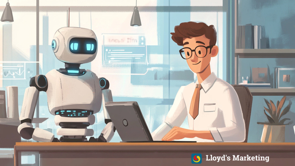 A businessman wearing glasses works diligently on a laptop at a desk, with a robot by their side, optimizing AI for Local Business. The setting is an office, adorned with the "Lloyd's Marketing" company logo in the corner.