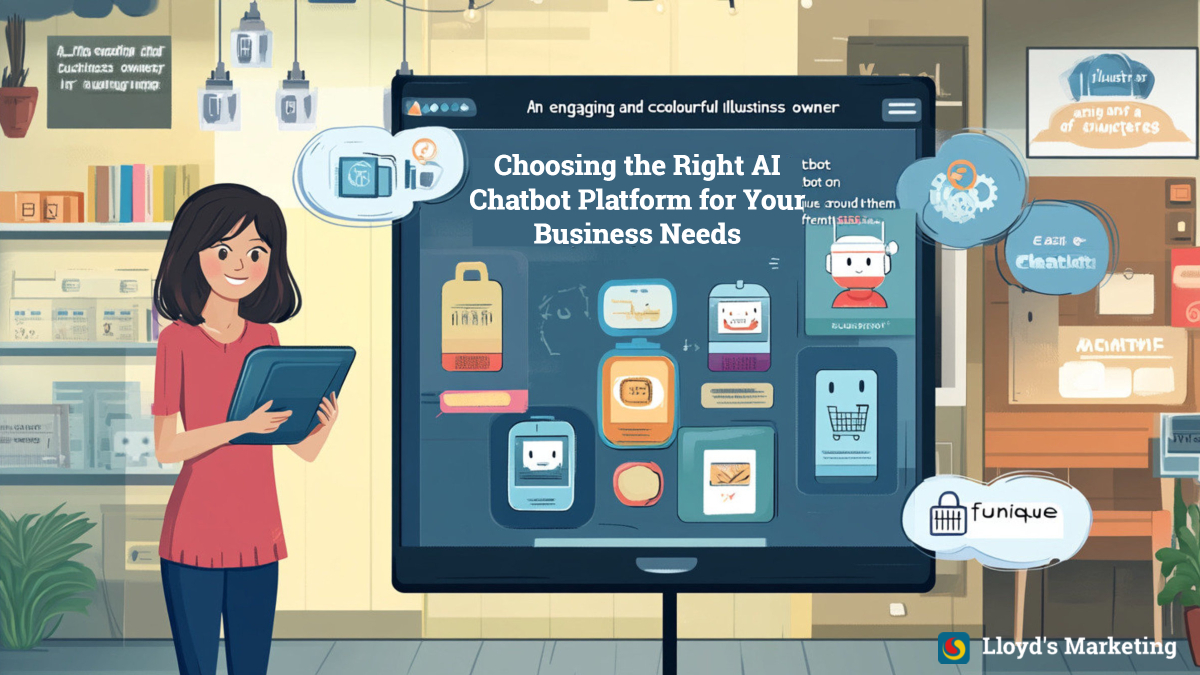 Illustration of a woman shop owner standing beside a digital board displaying AI chatbot platforms. She holds a tablet, and various chatbot graphics are shown on the screen.