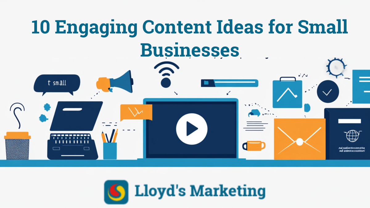 Illustration with text "10 Engaging Content Ideas for Small Businesses" featuring various digital icons and Lloyd's Marketing logo at the bottom.