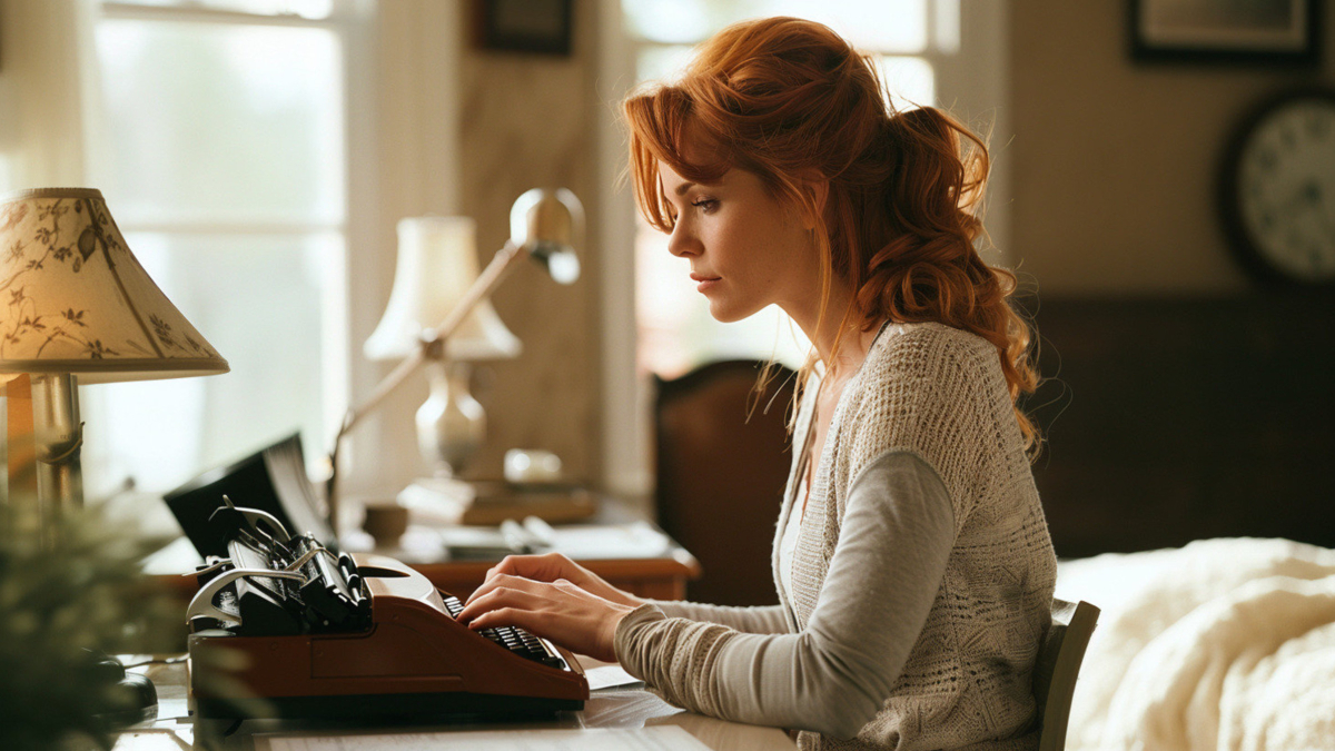 A woman with red hair is sitting at a desk, typing on a typewriter in a well-lit room with a lamp and papers.