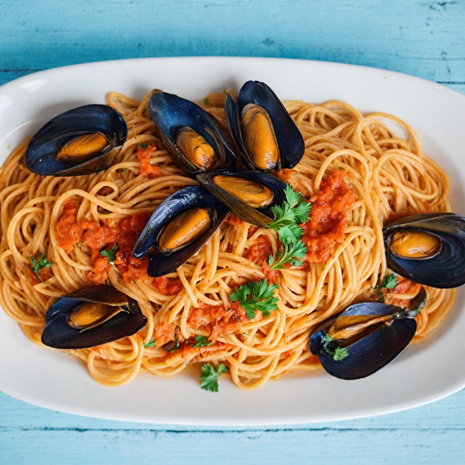 ekklisiasnea-Linguine with mussels in tomato sauce