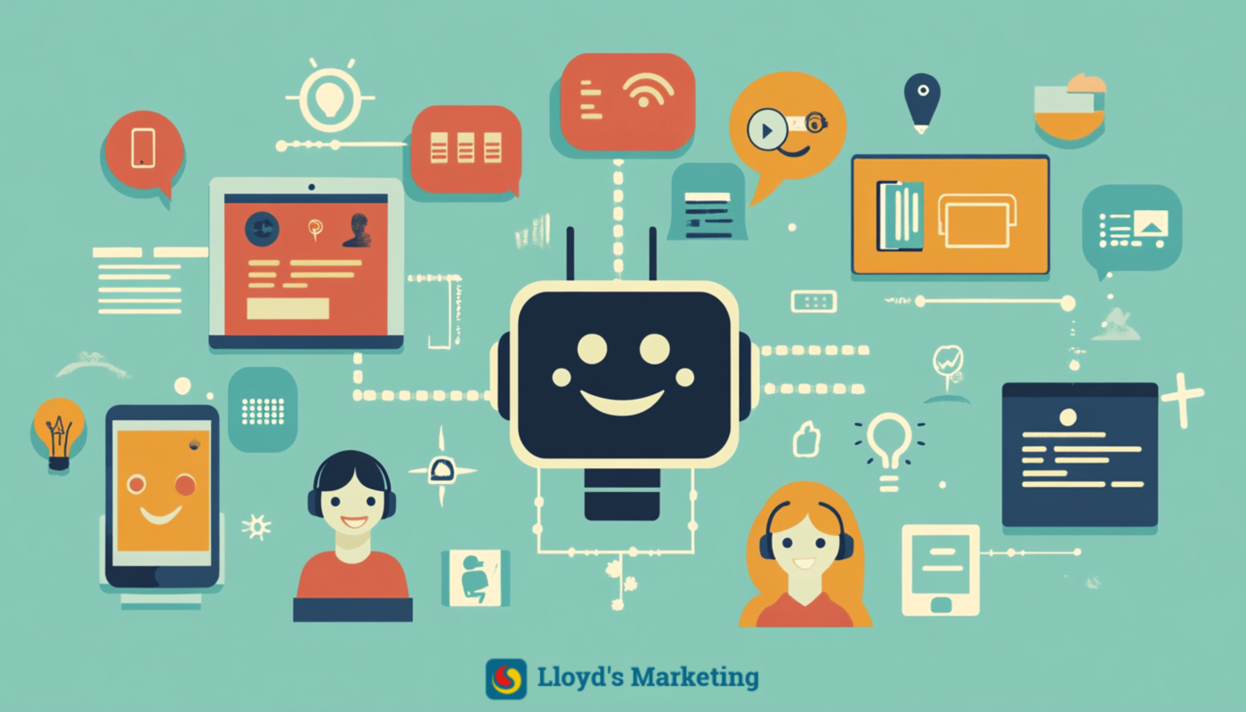 Illustration of a central smiling chatbot with connection lines to icons symbolizing communication, technology, and customers. Text at the bottom reads "Lloyd's Marketing: Enhancing Customer Service Through AI Chatbots.