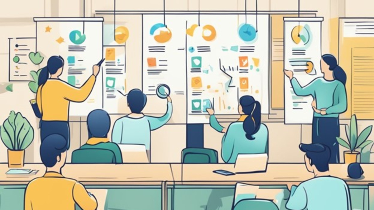 Illustration of a group of people in an office, some sitting at desks with laptops and others standing and pointing at presentation boards showcasing charts, graphs, and Google Business Profile Optimisation strategies.