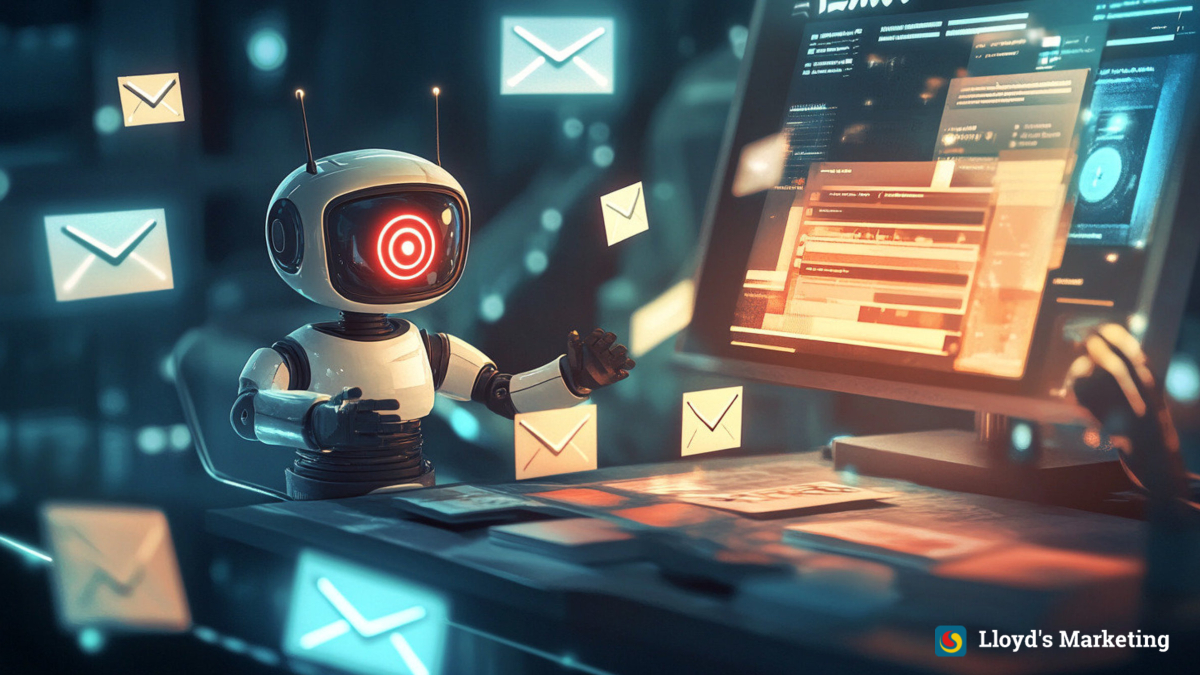 A robot interacts with a computer, surrounded by digital envelopes representing emails, seamlessly implementing AI chatbots in email marketing strategies.