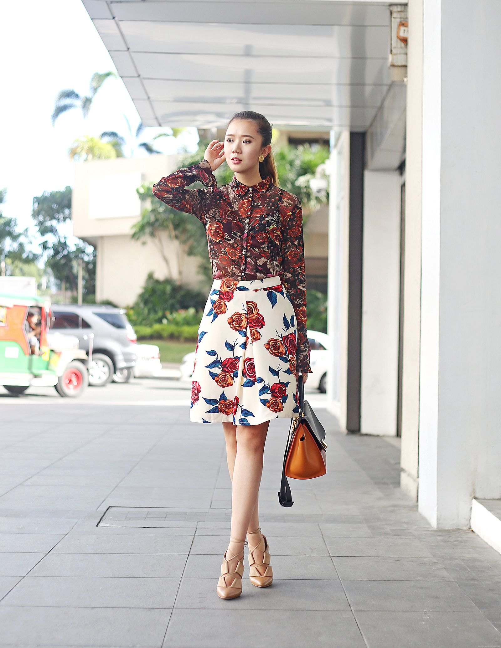 Floral Print On Print Featuring Marks & Spencer top, PB&J Skirt, Alexander Wang heels, Celine trapeze | www.itscamilleco.com