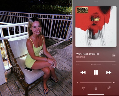 Abby McClatchy sitting next to a screenshot of “Work (feat. Drake)” by Rihanna.
