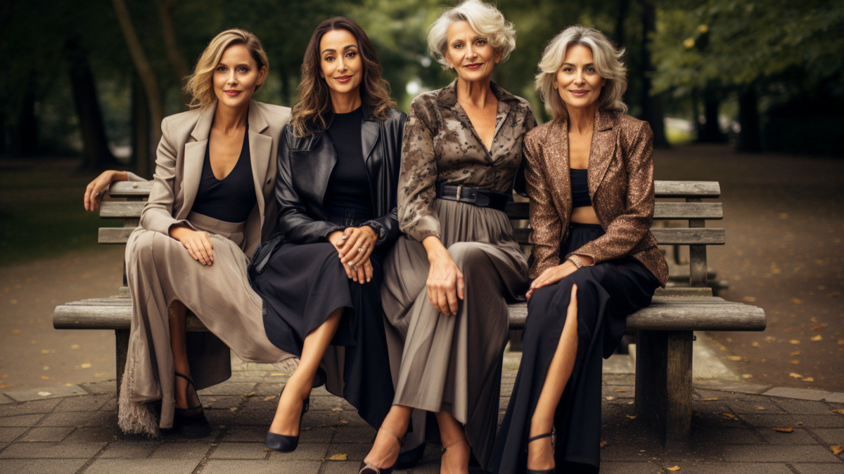 Three women from different generations sitting on a bench in a park.