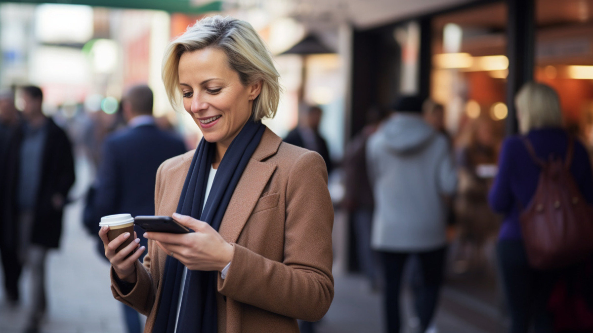 A woman is looking at her phone while walking down the street.