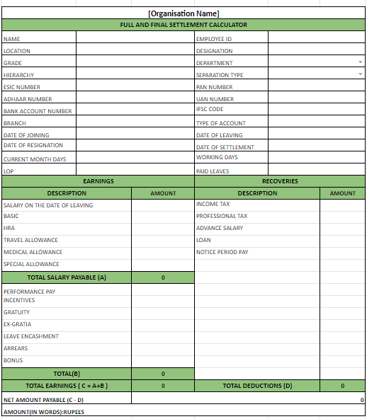 Weekly Settlement Sheet Template