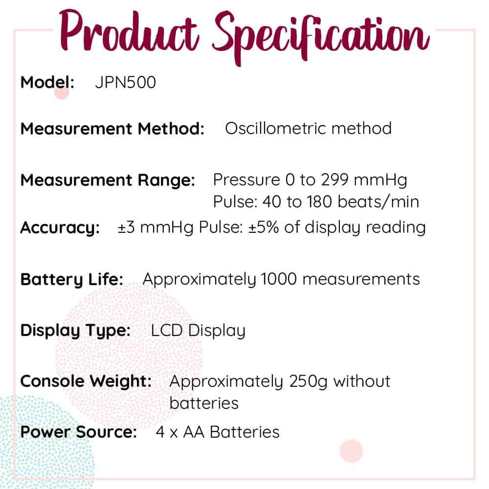 Automatic Blood Pressure Monitor JPN500 Product Specification