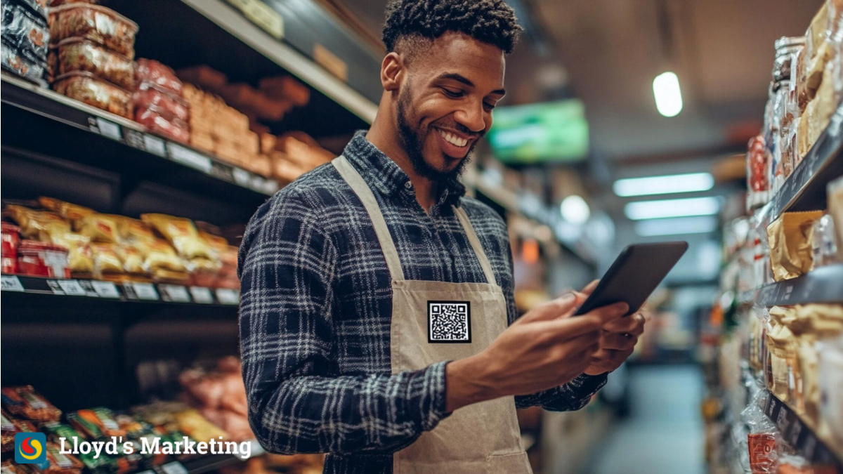 A store employee wearing an apron and holding a tablet smiles while standing in a grocery store aisle. "Lloyd's Marketing" logo appears at the bottom left corner.