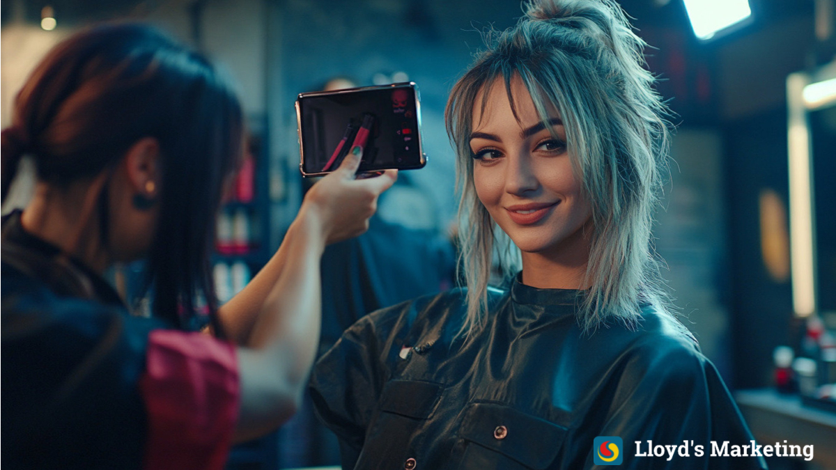 A hairstylist takes a video of a woman with light blond hair in a salon. The woman smiles at the mobile phone.