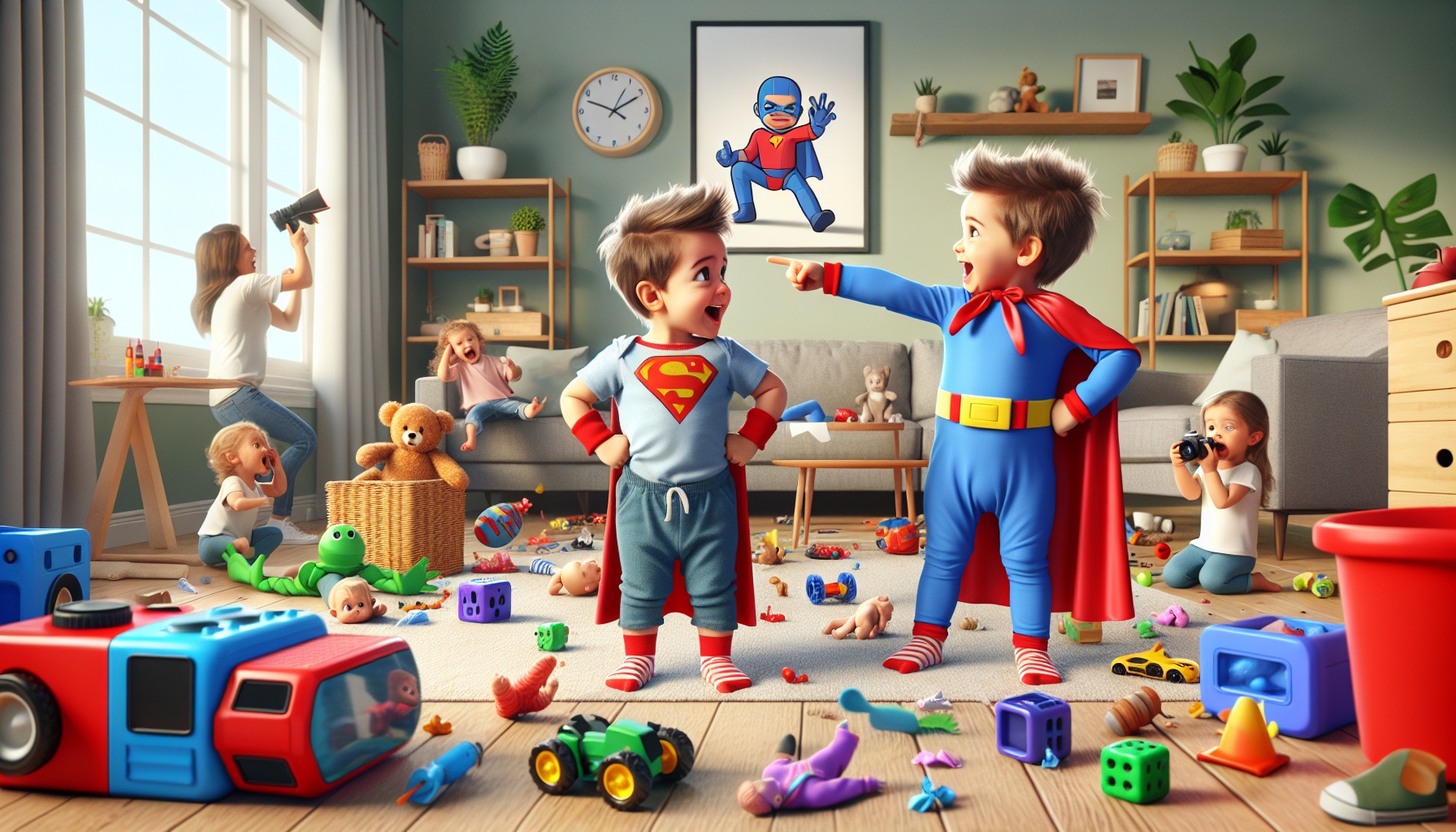 The Ultimate Superhero Showdown: Who Made the Mess? 💪🕸" 5 a group of kids in a room with toys