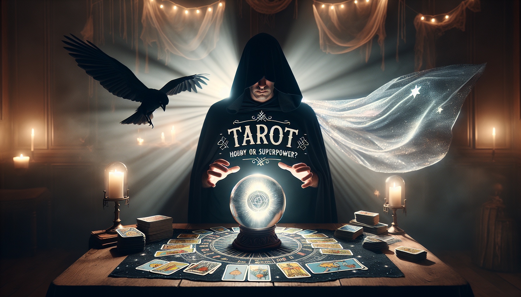 Funny Facts About Tarot Readers 4 a man in a black robe with a crystal ball and a bird flying