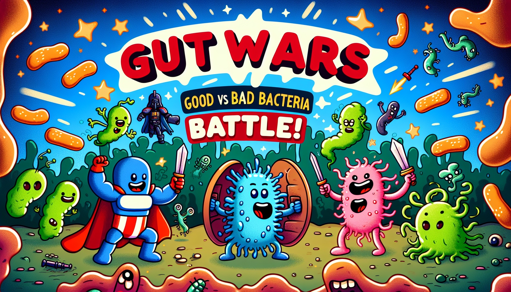 Mindy's Online Courses: Skin and Gut Microbiomes 1 a cartoon characters fighting with swords