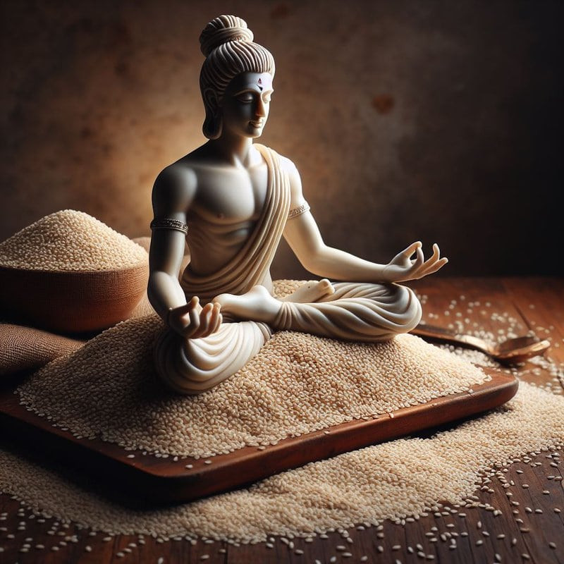 Idol of Lord Vishnu sitting in a meditative pose on the top of a pile of Sesame or Til Seeds. Blog post for Shatatila Ekadashi by gaathastory