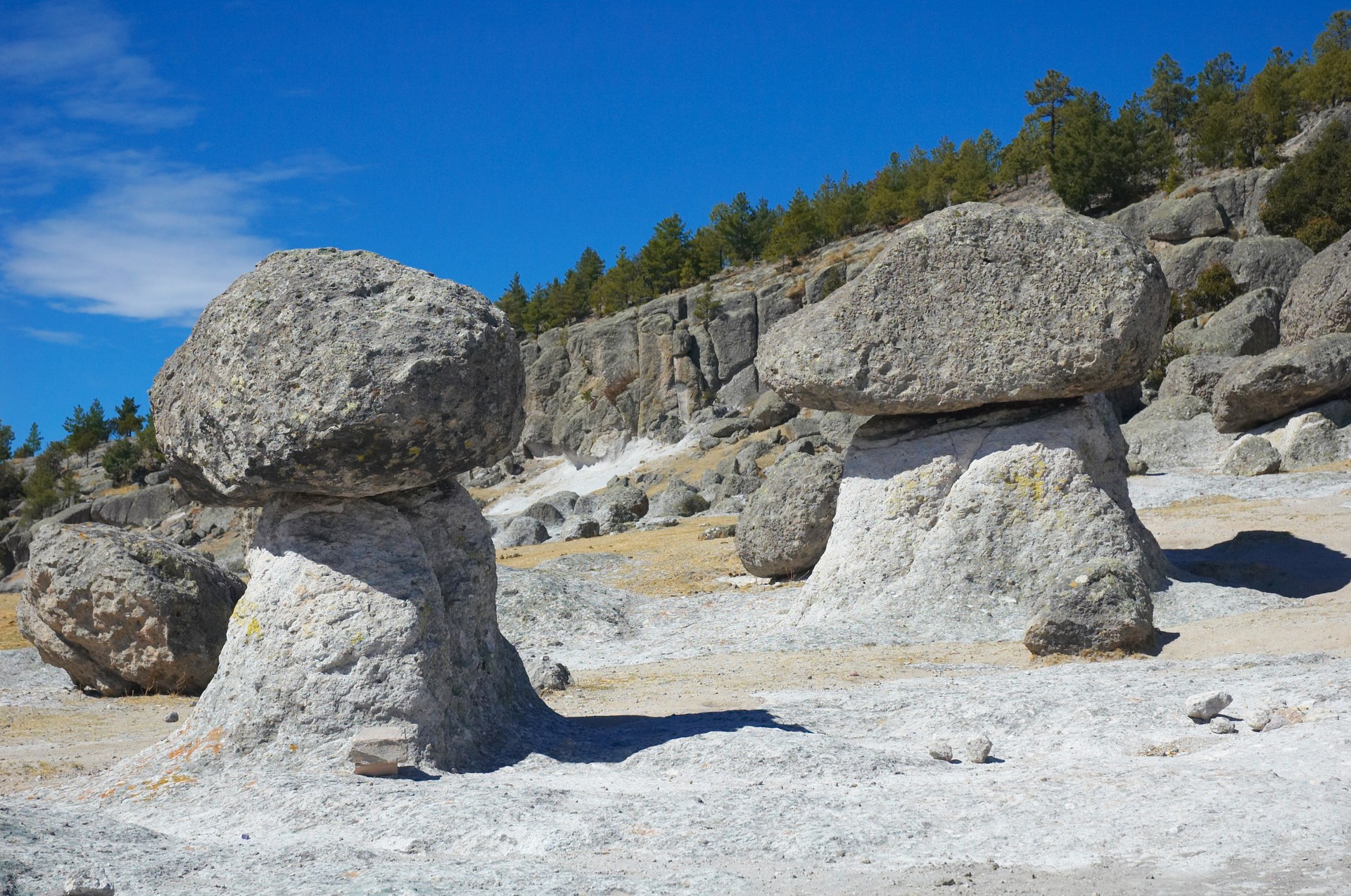Mushroom-shaped rocks standing on bare stone near Creel, with pines on the ridge behind