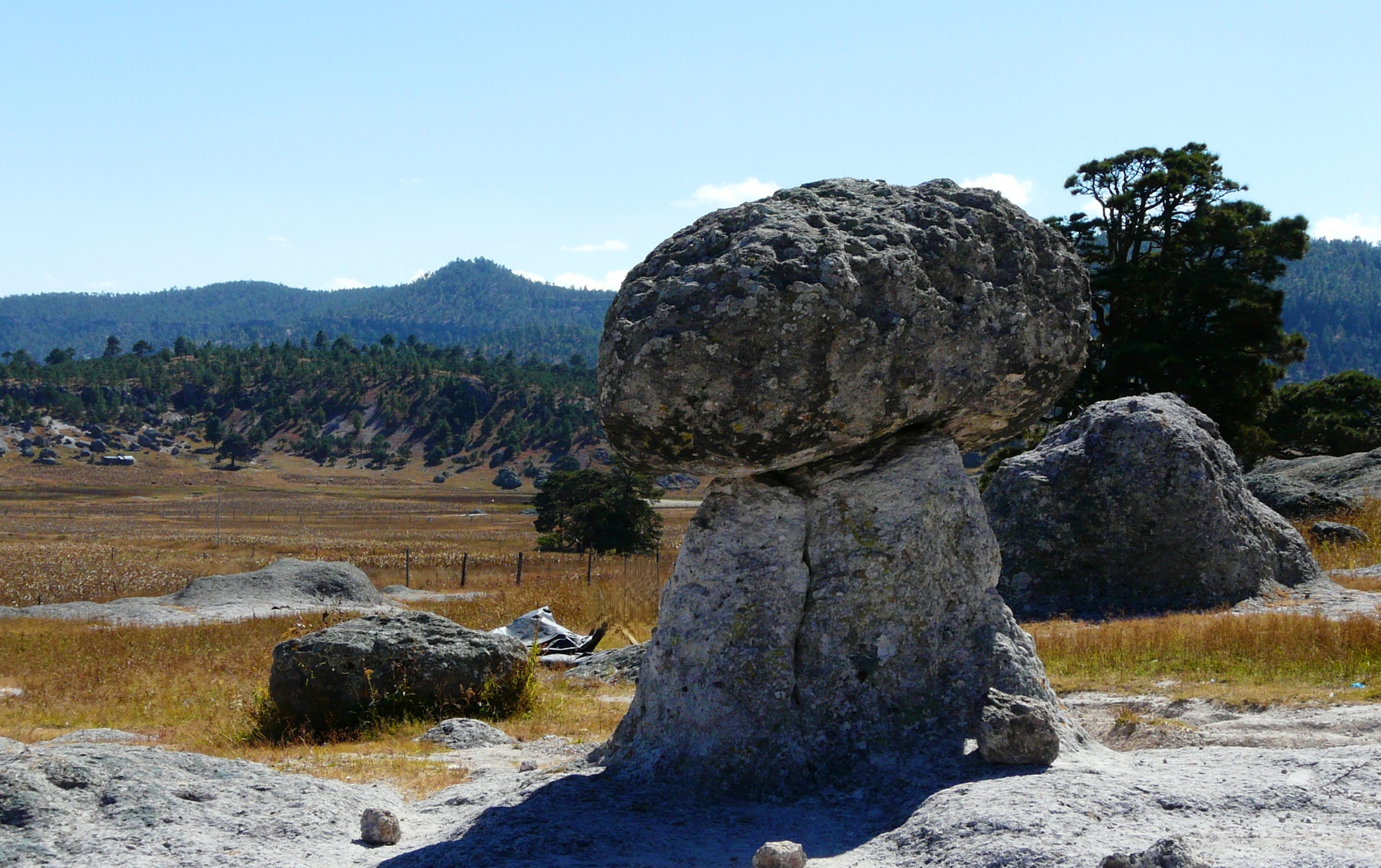 A mushroom-shaped rock standing on its narrow stem in dry grassland near Creel