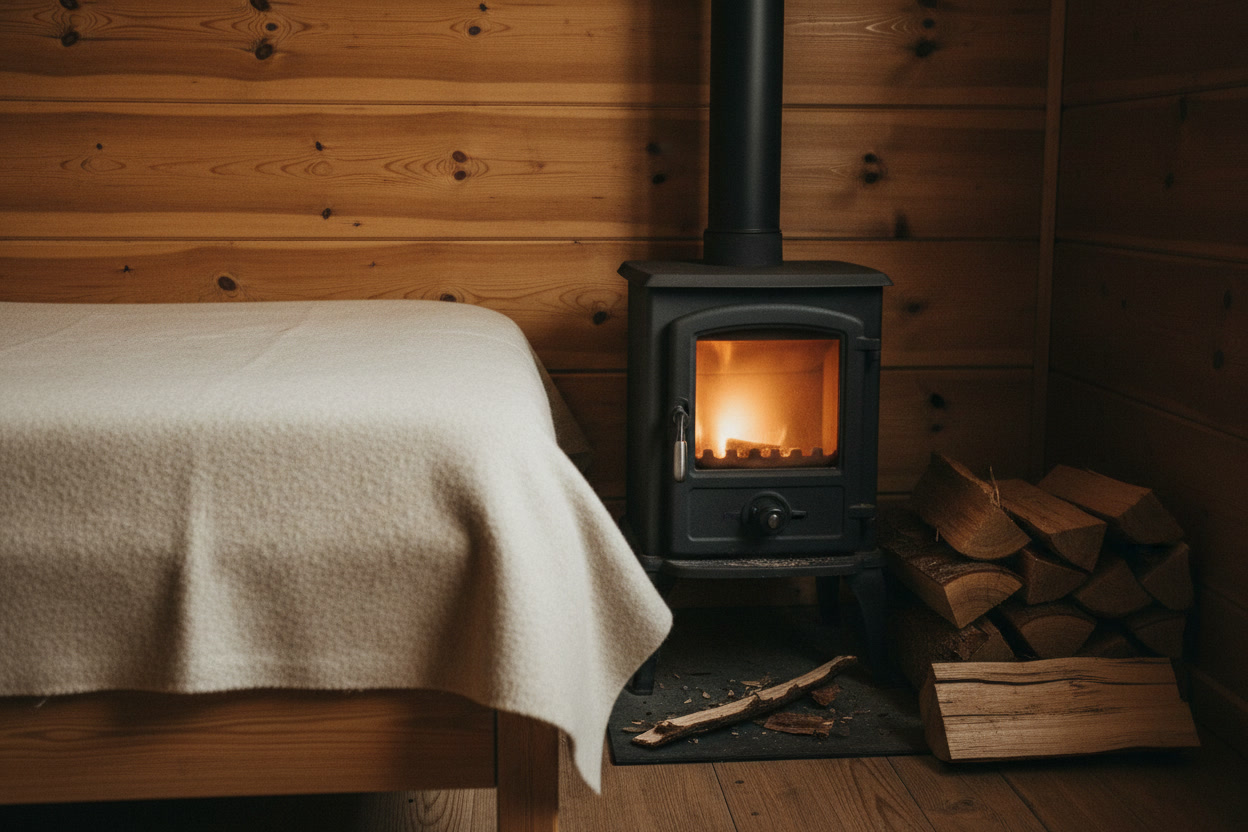 A wood stove glowing beside a bed with a wool blanket in a pine-panelled room