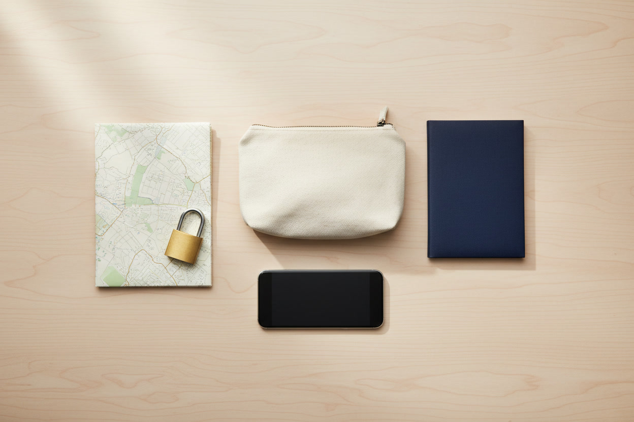 A travel pouch, a closed booklet, a phone, a folded map and a small padlock on a table