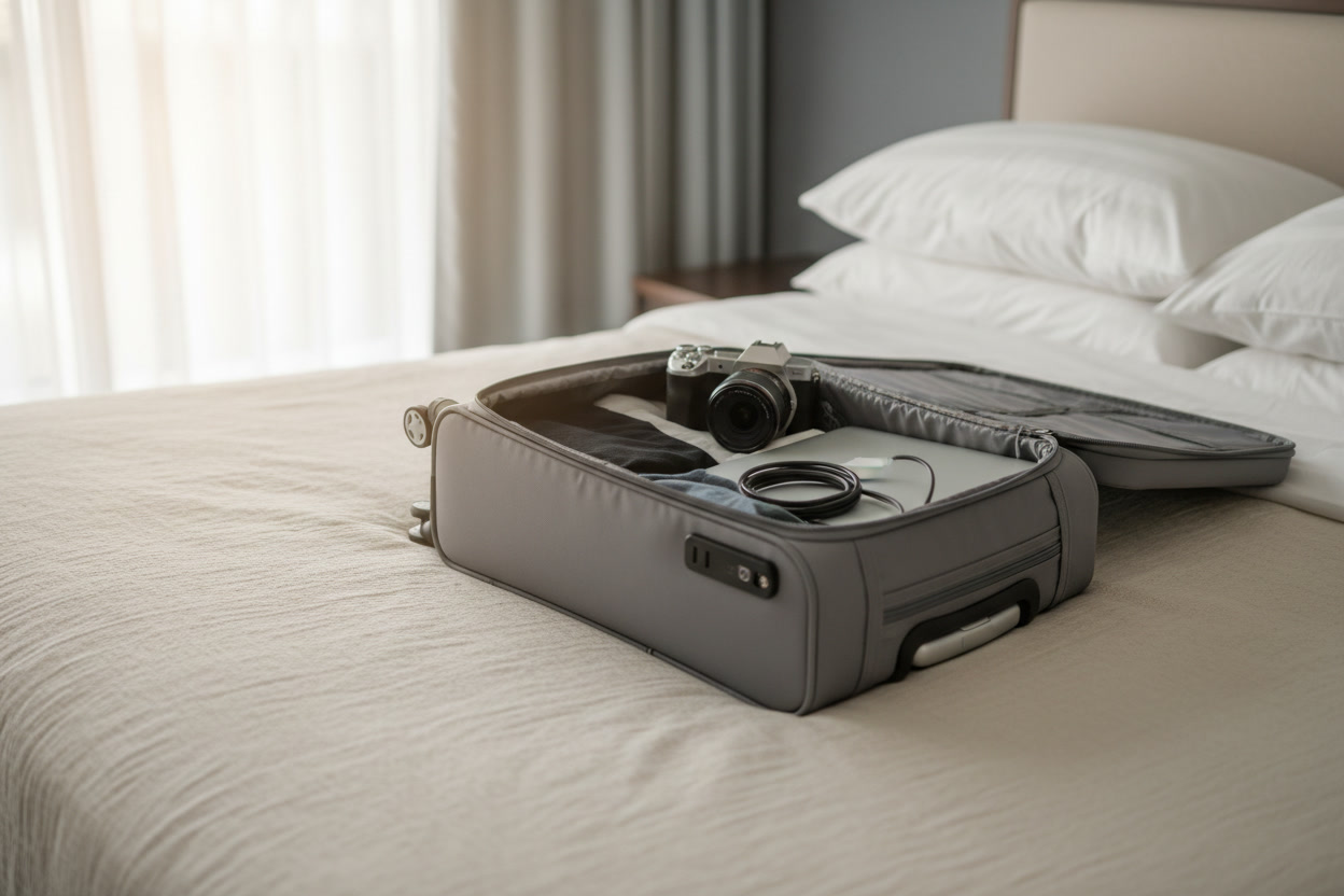 A carry-on bag open on a bed with a camera, a laptop and a charger packed inside
