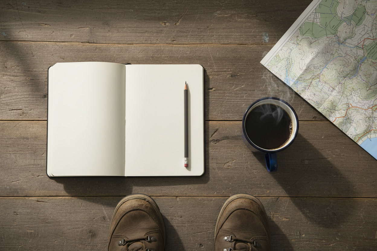 An open notebook, a pencil, a mug of coffee and a paper map on a wooden table