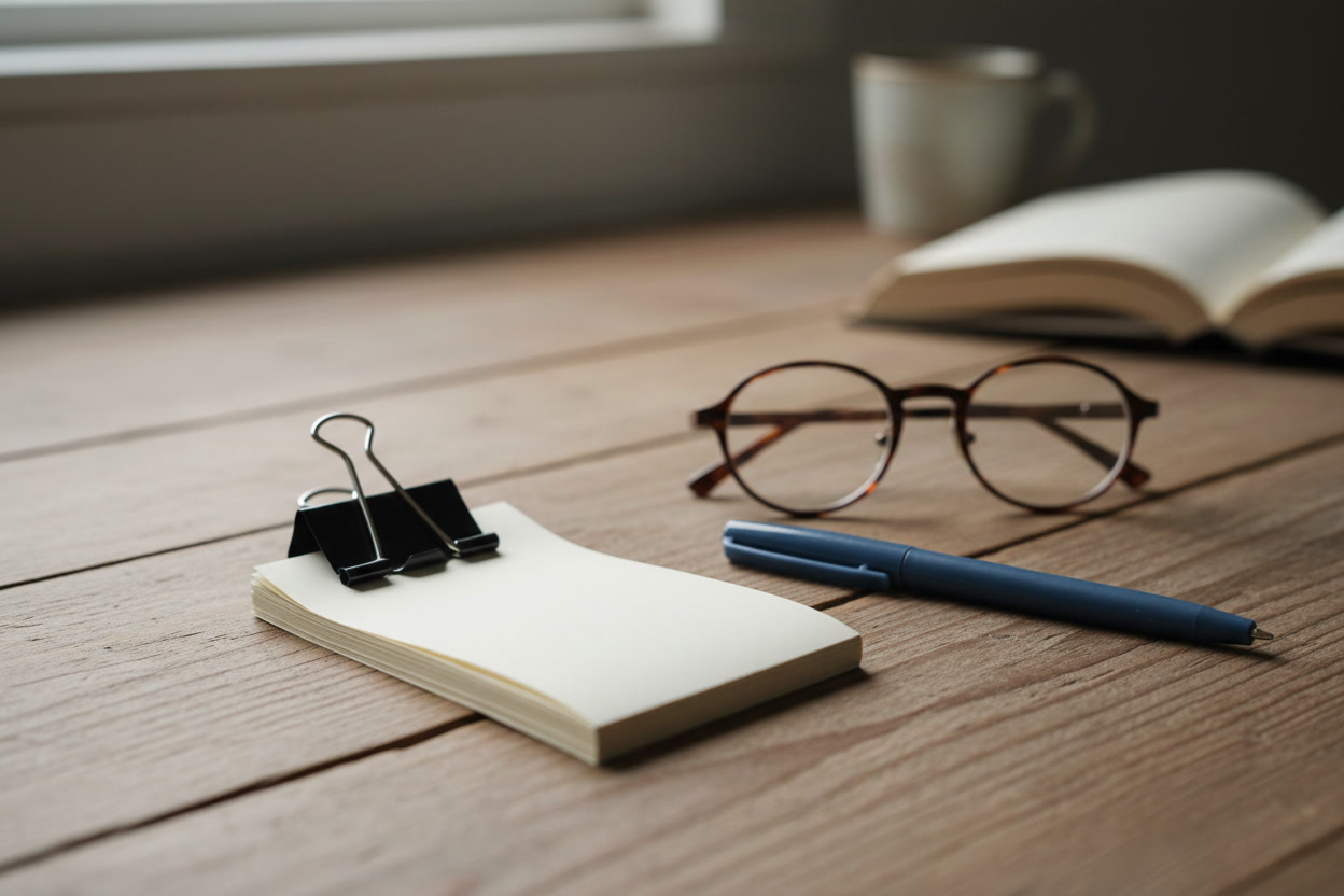 A clipped stack of blank receipts, a pen and reading glasses on a desk