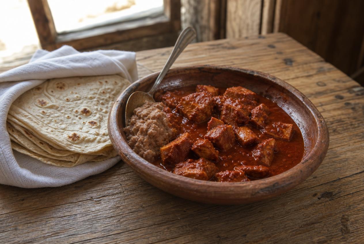 A clay bowl of pork stewed in a deep red dried-chile sauce with a spoonful of refried beans, beside a stack of handmade flour tortillas