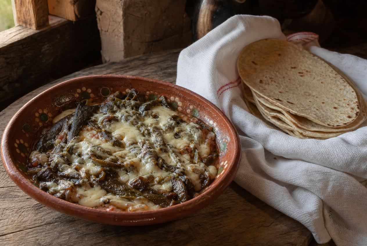 A clay bowl of chile pasado: dark wrinkled strips of sun-dried green chile with melted white cheese, beside a stack of handmade flour tortillas