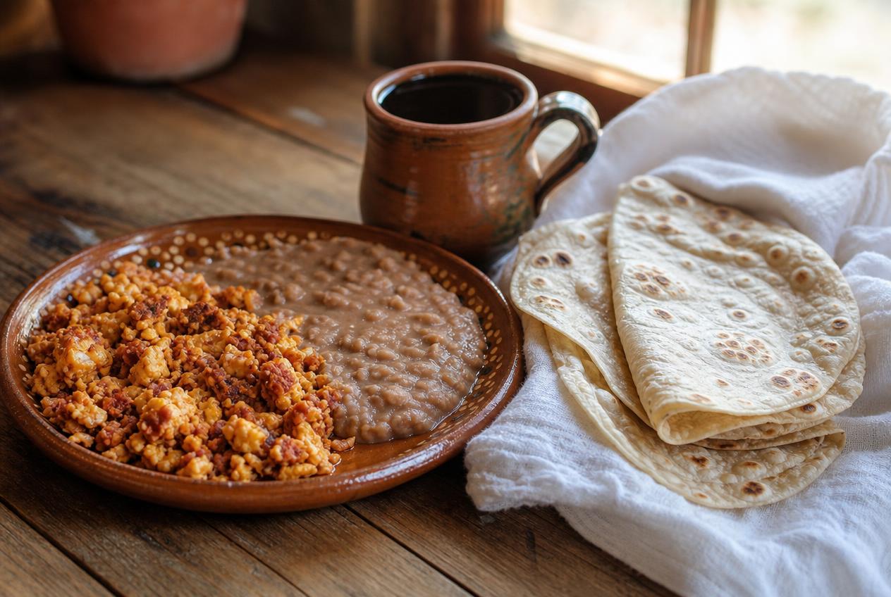 A clay plate with scrambled eggs and chorizo next to refried beans, a mug of black coffee and a stack of handmade flour tortillas in a cloth