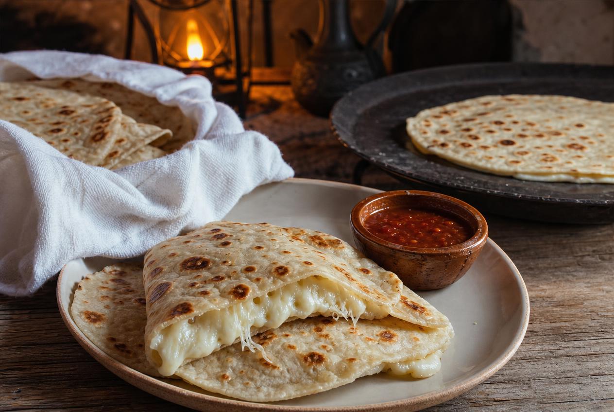 Quesadillas made with handmade flour tortillas folded over melted cheese on a plate, with a small bowl of red salsa and a comal behind