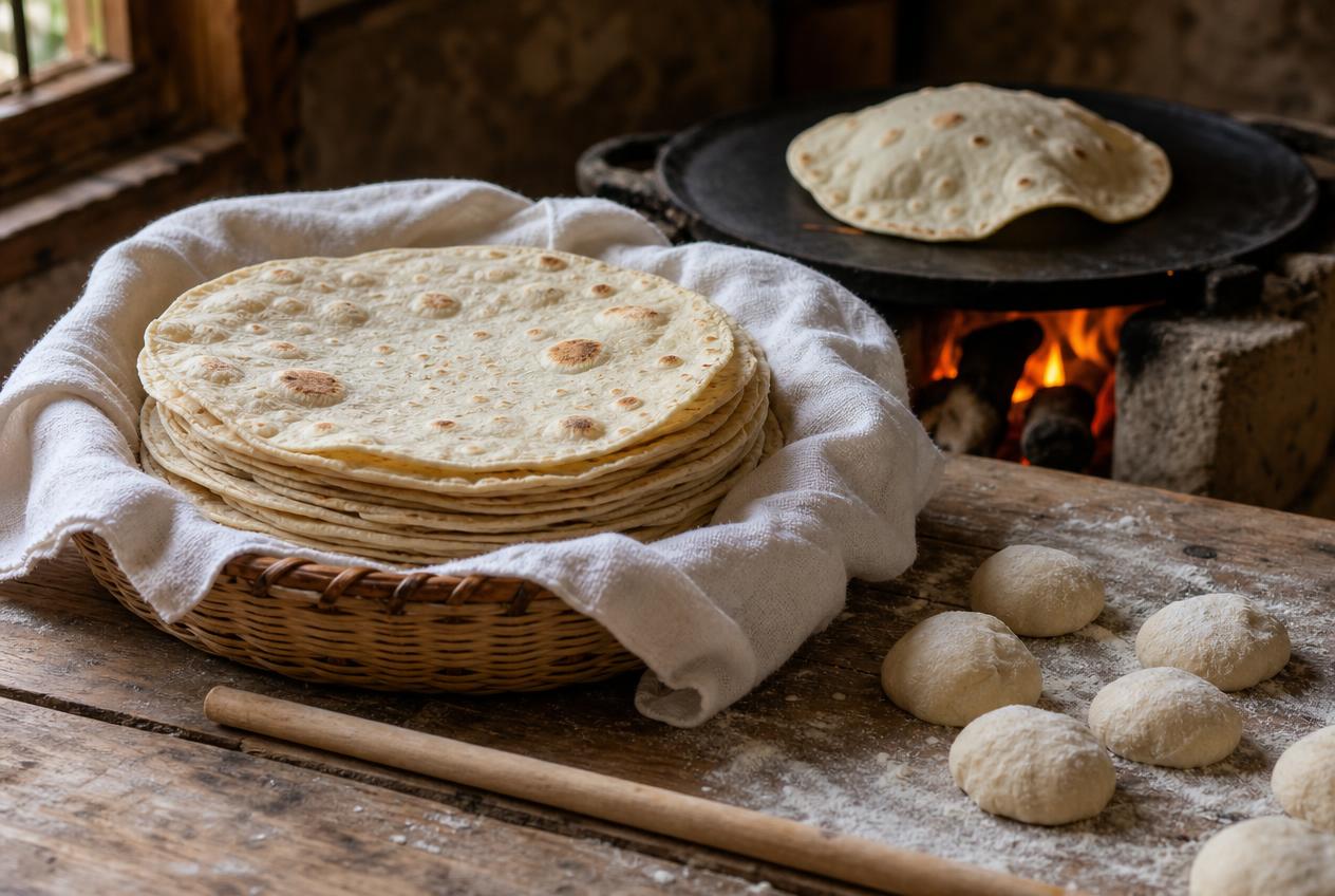 A stack of handmade flour tortillas in a cloth-lined basket, one puffing up on a comal over a wood stove, with a wooden palote and balls of dough on a floured table